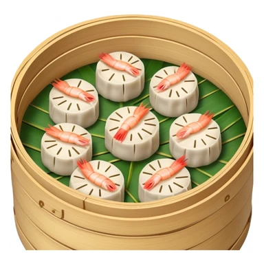 Cantonese dim sum bamboo steamer with shrimp dumplings, simplified emoji style with bold outlines and bright colors, cartoon style Chinese dim sum sticker