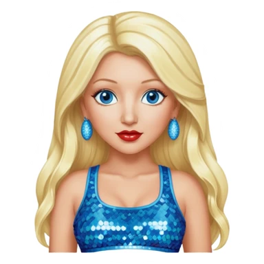 Christina Aguilera with blue eyes, long blonde hair, light blue sequin crop top, red sequin pants sticker