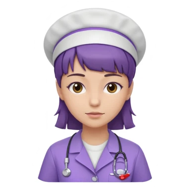 A young female slim nurse with short Brown hair with fringe over her forehead, wearing larvendar purple working cloth only no cap on her hair sticker