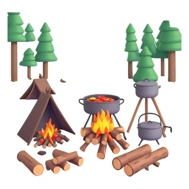 bushcraft campfire with cooking pot, wood logs, forest setting sticker