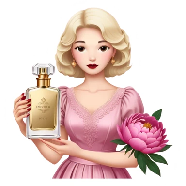 A delicate glass bottle of rosewater perfume with gold details beside lush pink peonies. Soft light enhances the romance, while a dark red velvet backdrop adds vintage glamour."
 sticker