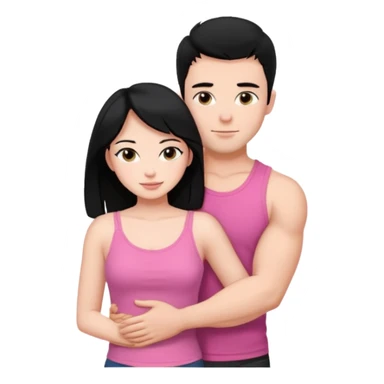 a pretty bratz fair girl. black hair, wearing a pink cami top, she is hugging a handsome fair guy with black hair. lean but muscular.the boy is wearing a black tshirt sticker