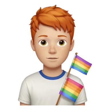 A gay, ginger, young, freckled, boy with a shirt with JUDE on it holding a pride flag sticker