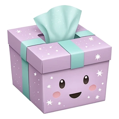 Cute emoji-style illustration of a small aesthetic packaging box with tissue paper and sparkles, pastel neutral tones, minimal design, clean background. sticker