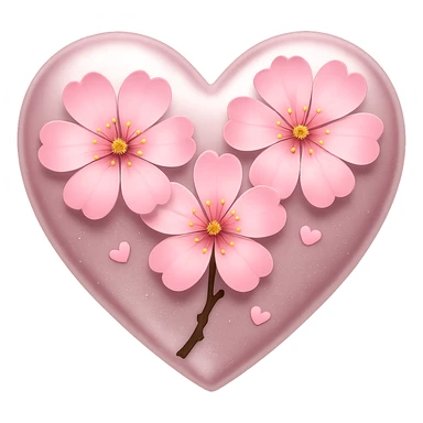 Enhance the silver highlights and overlay on the heart with sakura blossom in the style of apple emojis. Keep the style consistent with apple emoji style and ensure no background (transparent). sticker