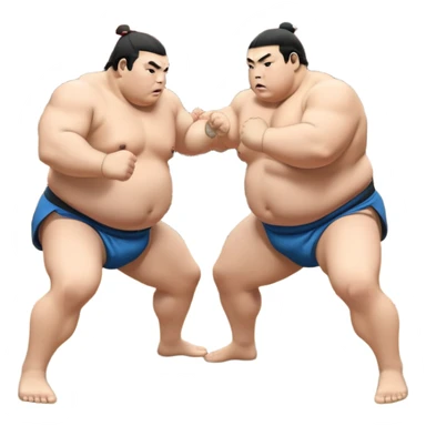 Two sumo wrestlers in a classic dohyo ring, each displaying powerful stances and ready to engage in a fierce match. One wrestler attempts a pushing attack, while the other counters with a thrust. The background shows the traditional sumo arena and spectators. Transparent background. sticker
