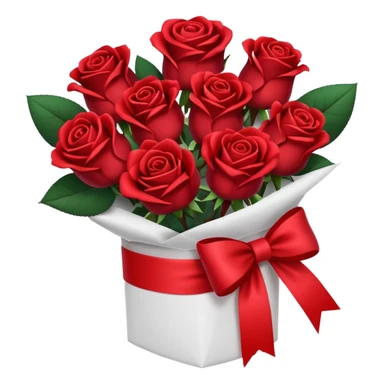 Dark red bouquet of roses wrapped in white wrapping paper with red bow sticker