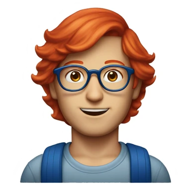 boy red hair 30s wearign blue hat and steve jobs glasses sticker