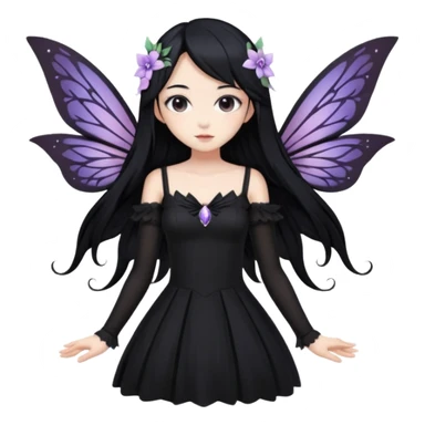 Gothic anime fairy with long beautiful black hair and black dress, pastelcore, sticker