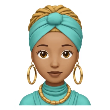 Non-portrait Jayci-vibe emoji, 1024 PNG, transparent. Headwrap (muted R-G-G), hoops, locs hint; soft smile, golden inner glow + faint heart aura. Embed: first-love, roots calm, playful grace, protective joy, consent. sticker