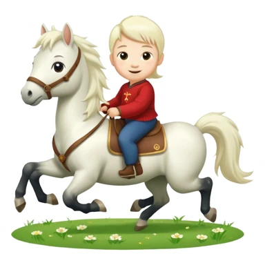 l little chinese baby riding on a  cute horse running on the grass with 2026 year label sticker