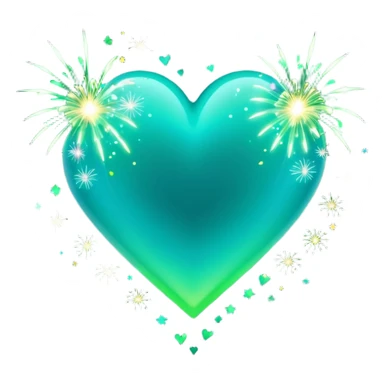 emoji: teal and neon green gradient heart with sparklers and firework confetti from behind. sticker