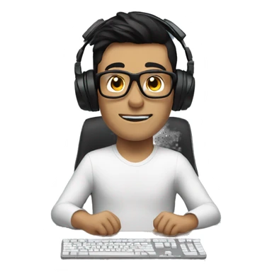 white boy with dark hair and glasses wearing gaming headset and sitting at desk on desktop computer   sticker