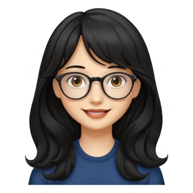 Please generate a portrait of a pretty girl with long, wavy, black hair. She's smiling. She also wears a middle parting and bangs. with glasses sticker