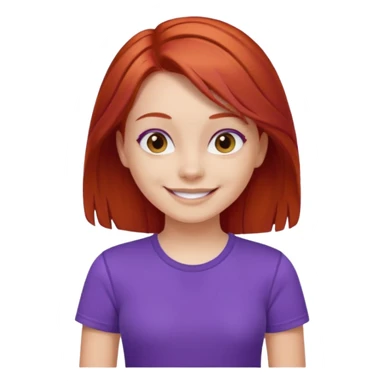 Young girl with red hair, wearing a purple T-shirt, with a smiling face sticker
