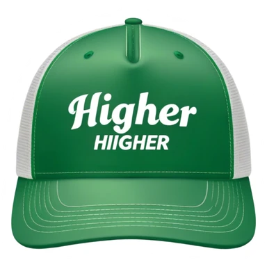 green higher trucker hat with center text "HIGHER" written on it,  white center sticker
