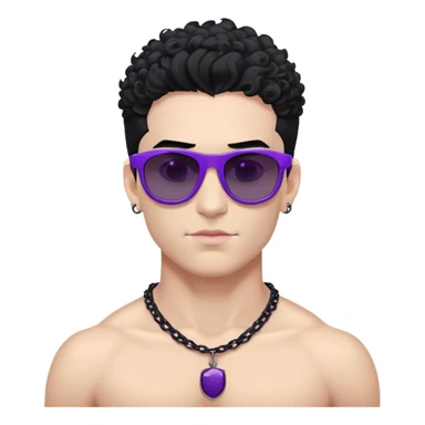 shirtless male athlete with white skin and moderately curly black hair on top with shaved sides, wearing purple sunglasses with very dark heavily tinted black lenses, and a simple plain black chain necklace, no earrings or other jewelry sticker