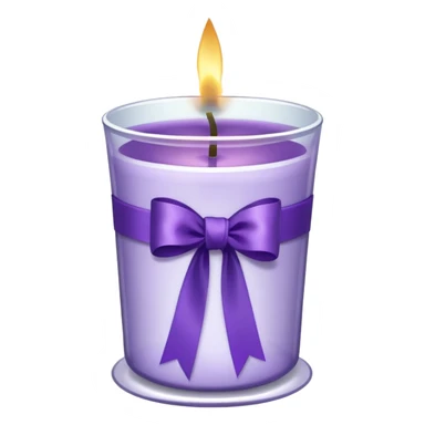 A transparent shot cup with purple wax that is lit as a candle, and purple ribbon wrapped around the cup. sticker