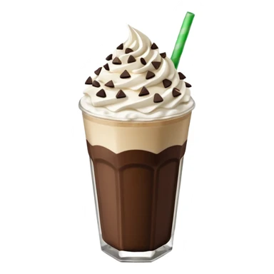 Vaso de vidrio con Frappé color café, crema en la parte superior con popote verde insertado en la crema, agregar encima de la crema chispas de chocolate. Colocar arriba de la crema insertada una galleta tipo oreo. sticker
