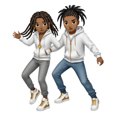 brownskin boy with black  dreads wearing white hoodie with grey jeans and white shoes and a gold circle chain fighting darkskin girl with 8 long black french braids with brown highlights wearing black zip up and black jeans with black and white shoes. the boy is winning sticker