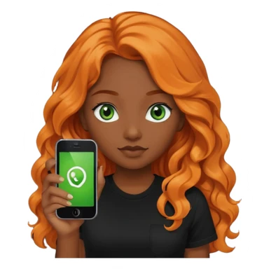 Girl with dark long orange wavy hair, green eyes, and black t-shirt and phone with black  app on hand sticker