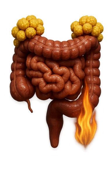 intestino umano con cellule gialle di grasso a grappoli attaccate sopra, con fiamma che brucia, iperrealistici 4k sticker