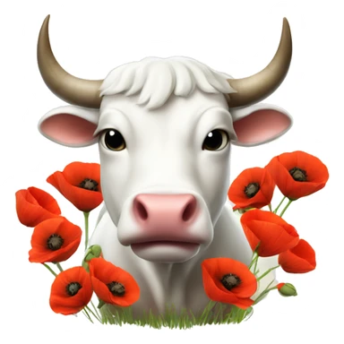 Realistic cute White Bull Ox with many poppies on big horns sticker