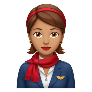 Female flight attendant, with red scarf, white shirt, brown hair, brown eyes, iOS emoji-type face sticker