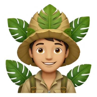 a young man explorer with jungle wearing a large leaf headgear bye  sticker