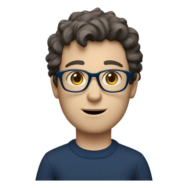 caucasian white boy with dark wavy  hair, blue glasses, and carrying design paper plan because he is an architect carrying a pencil and a set model maquette. wearing a navy blue long sleeve sweater shirt. smart.  sticker