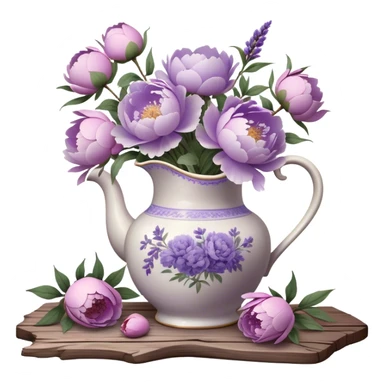 A vintage porcelain pitcher, adorned with fading lavender motifs, overflows with pastel purple peonies in various stages of bloom. Some petals, light as morning mist, curl gently at the edges, while others remain tightly wrapped, hinting at the promise of unfolding beauty. A few fallen blossoms rest beside the pitcher on an aged wooden table, their presence a fleeting echo of nature’s transient charm. Soft, diffused light filters through a lace-curtained window, lending the scene a nostalgic, dreamlike atmosphere." sticker