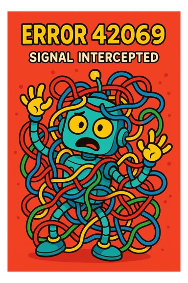 humorous error screen showing 'Error 42069' and 'Signal Intercepted', with a confused robot tangled in wires, bright and silly style sticker