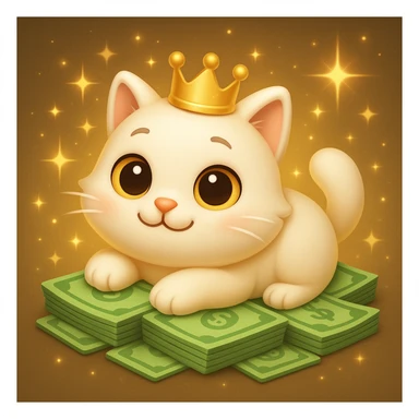Create a very cute cat with a crown, lying on greenish light green money, with glowing sparkles and shiny dust around for extra decoration, in a 3D emoji style. sticker