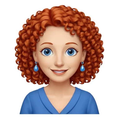 una profesora mayor simpática con el pelo rojo rizado, ojos azules, vestido azul y pendientes azules hablando sticker