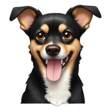 black brown mutt dog with mostly german shephard head but larger chihuahua eyes with large overbite with left upper sharp canine tooth crooked and sticking out of mouth sticker