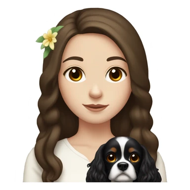 pale skin girl with long dark brown hair that had a flower in her hair  holding a black and brown cavalier dog  sticker