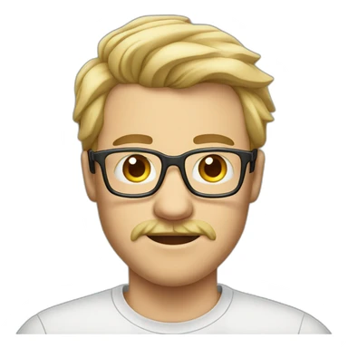 tall young blonde man with glasses and mustache and tshirt sticker