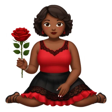 A plus-size black woman with short, straight, dark brown hair is wearing a red sleeveless shirt and a black lace ruffled skirt. She is holding a rose and sitting on the floor with her legs crossed. On the floor is a glass vase with red roses. sticker