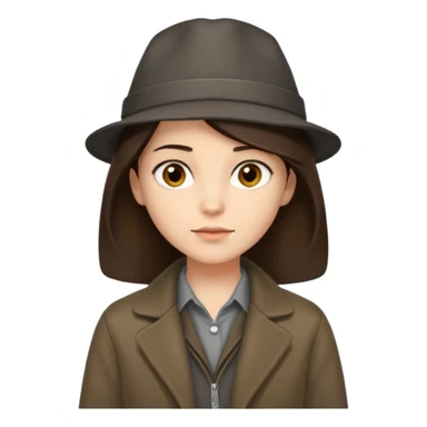 Hobo tomboy with shoulder-length center-parted dark brown hair. brown eyes, dark dull brown coat, grey shirt. Flat crown bolero hat sticker
