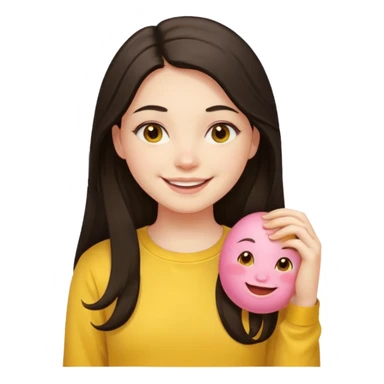 girl on her laptop, long dark hair white skin and yellow shirt long sleeves, smiling sticker