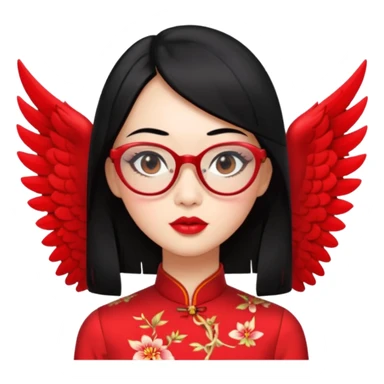 an oriental woman, mid-length black hair, red cheongsam, red lipstick, winged eyeliner, fair pinkish skin, small nose, thick lips, transparent glasses, not too slim, not fat sticker