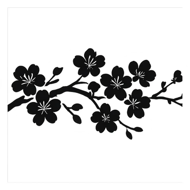 long single-color sakura branch in eastern style, no background, for sign decoration, 1200x100px sticker