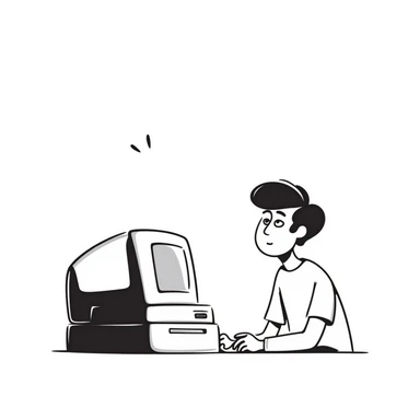 A young guy with a confused expression staring at a vintage desktop computer with bulky CRT monitor and old tower sticker