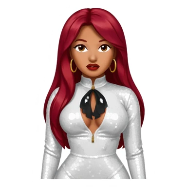 Megan Thee Stallion with long dark red hair, white sequin outfit sticker