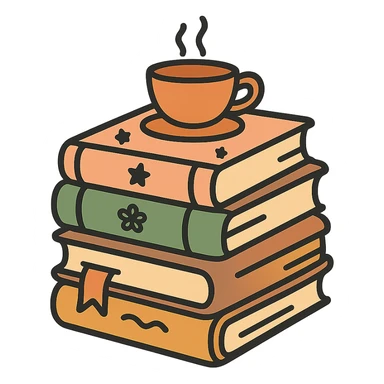 A cute stack of books with a cozy and magical vibe, each book bound in soft, harmonious colors: golden orange (FA9B41), forest green (4A7C5C), warm taupe brown (96775A), and pastel peach (FFCC9A). The books are slightly worn with rounded corners and decorative covers featuring tiny stars, floral motifs, or whimsical patterns. A ribbon bookmark peeks out from one, and a small cup of tea or magical trinket rests on top of the stack. The lighting is warm and gentle, with a dreamy, storybook feel. The overall scene feels inviting, charming, and gently enchanted. sticker