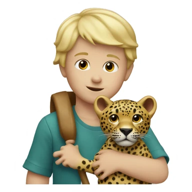 Little boy with blonde hair holding a jaguar toy sticker