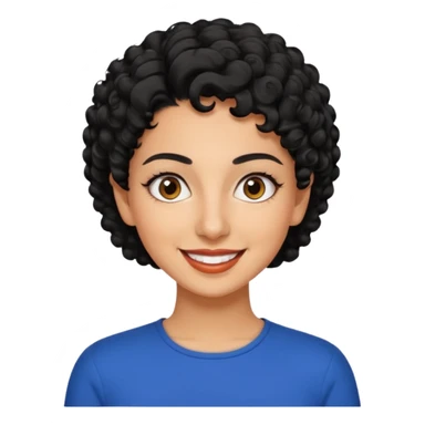 30 year old iranian woman very short curly black hair, big brown eyes, tanned skin, big smile, white teeth, pretty, stylish, shorter hair, boy cut hair, nice clothes sticker