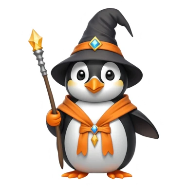 Penguin wearing a wizard hat and robe holding a magic wand sticker