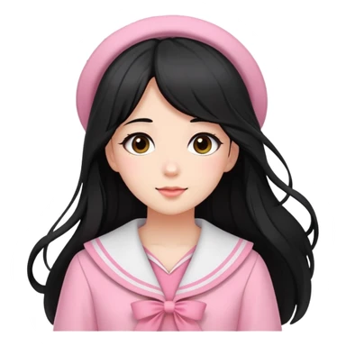  A girl with a Black long hair, and a Pink sailor suit, enjoying the spring breeze，Wearing cherry blossoms on your hair sticker