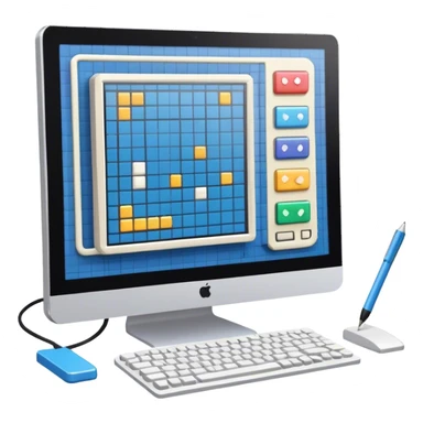 Emoji for Game Design: computer screen with Professional game development interface, 3D models, pixel art and design tools like grid, wireframe, and stylus. Symbolizes the technical and creative process of game development. Transparent background. sticker